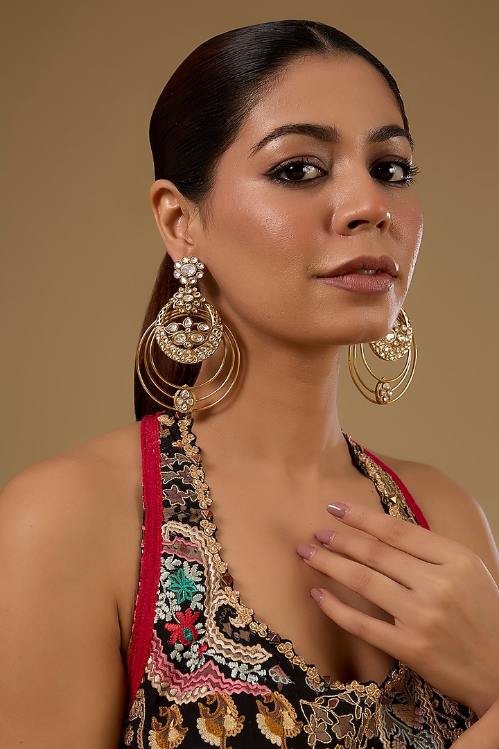 Gold Finish Kundan Polki Floral Chandbali Earrings by 20AM at Pernia's Pop Up Shop