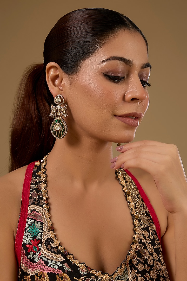Gold Finish Kundan Polki & Green Gemstone Dangler Earrings by 20AM at Pernia's Pop Up Shop