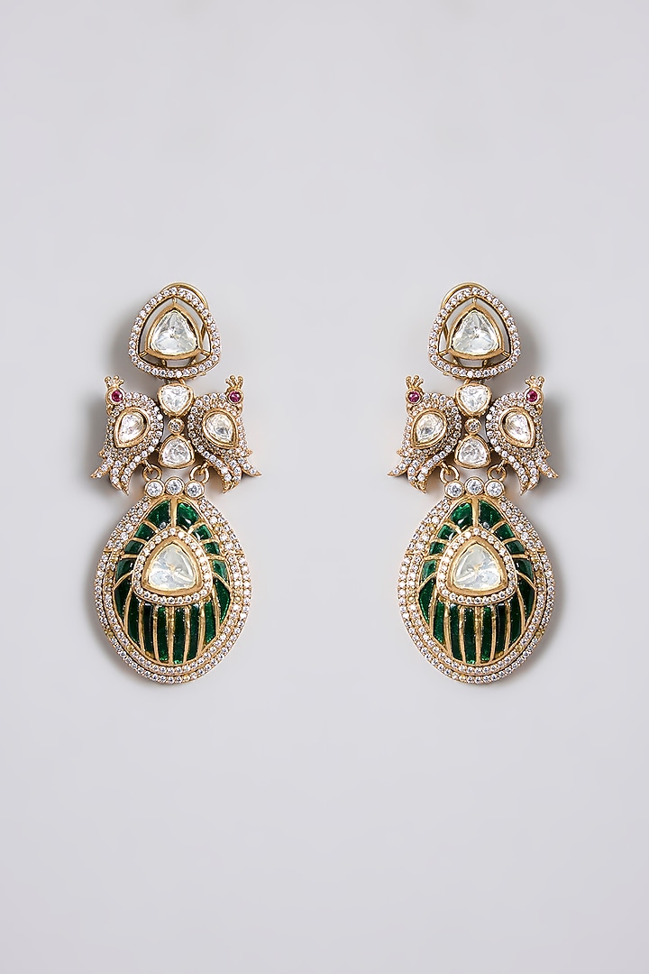 Gold Finish Kundan Polki & Green Gemstone Dangler Earrings by 20AM at Pernia's Pop Up Shop