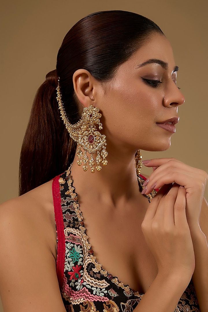 Gold Finish Kundan Polki & Ruby Gemstone Floral Chandbali Earrings by 20AM at Pernia's Pop Up Shop