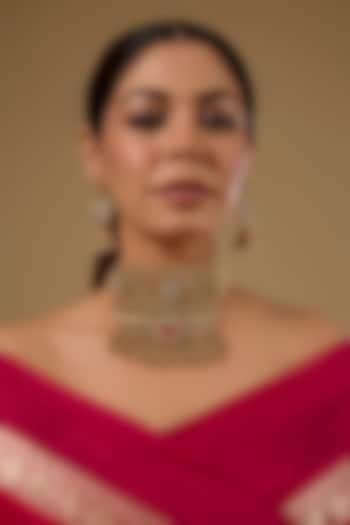 Gold Finish Kundan Polki & Ruby Gemstone Temple Necklace Set by 20AM at Pernia's Pop Up Shop