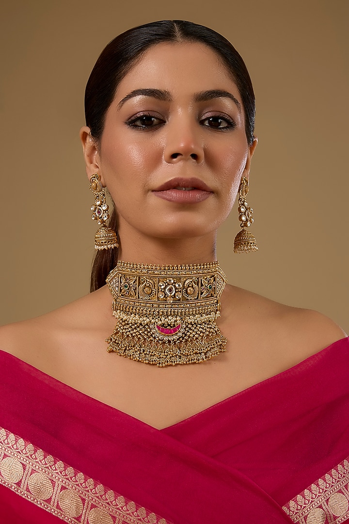 Gold Finish Kundan Polki & Ruby Gemstone Temple Necklace Set by 20AM at Pernia's Pop Up Shop