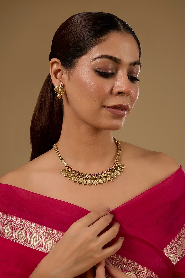 Gold Finish Kundan Polki & Ruby Stone Temple Necklace Set by 20AM at Pernia's Pop Up Shop