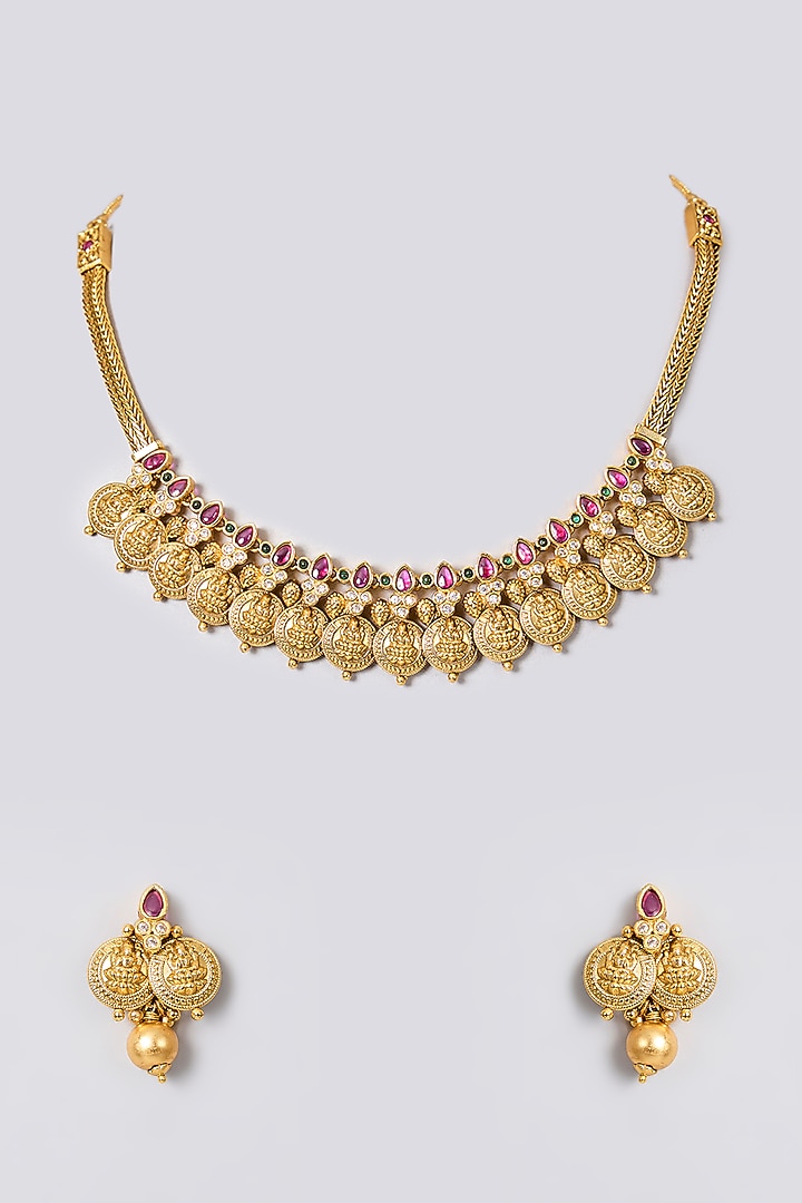 Gold Finish Kundan Polki & Ruby Stone Temple Necklace Set by 20AM at Pernia's Pop Up Shop