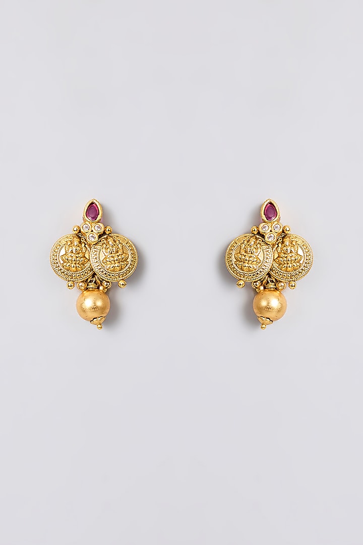 Gold Finish Kundan Polki & Ruby Stone Temple Necklace Set by 20AM at Pernia's Pop Up Shop