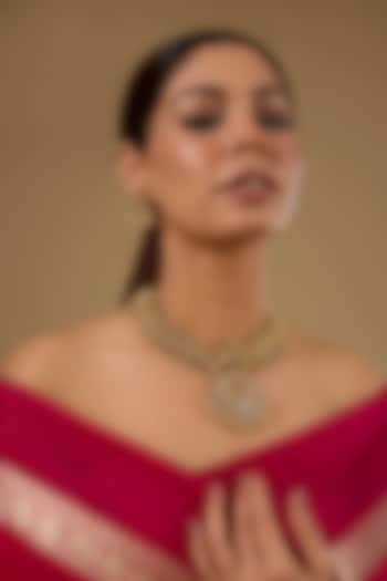 Gold Finish Kundan Polki & Ruby Stone Temple Necklace Set by 20AM at Pernia's Pop Up Shop