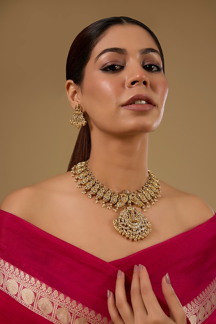 Gold Finish Kundan Polki & Ruby Stone Temple Necklace Set by 20AM at Pernia's Pop Up Shop