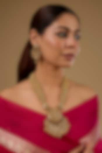 Gold Finish Kundan Polki & Gold Beaded Temple Pendant Necklace Set by 20AM at Pernia's Pop Up Shop