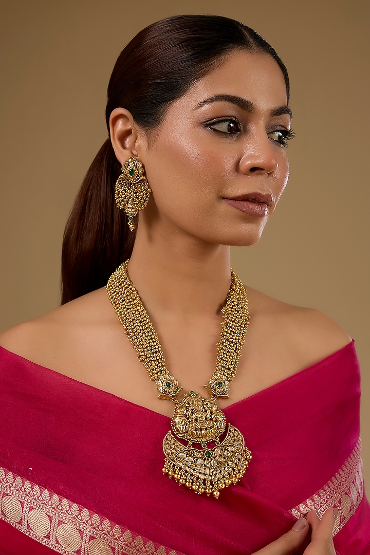 Gold Finish Kundan Polki & Gold Beaded Temple Pendant Necklace Set by 20AM at Pernia's Pop Up Shop