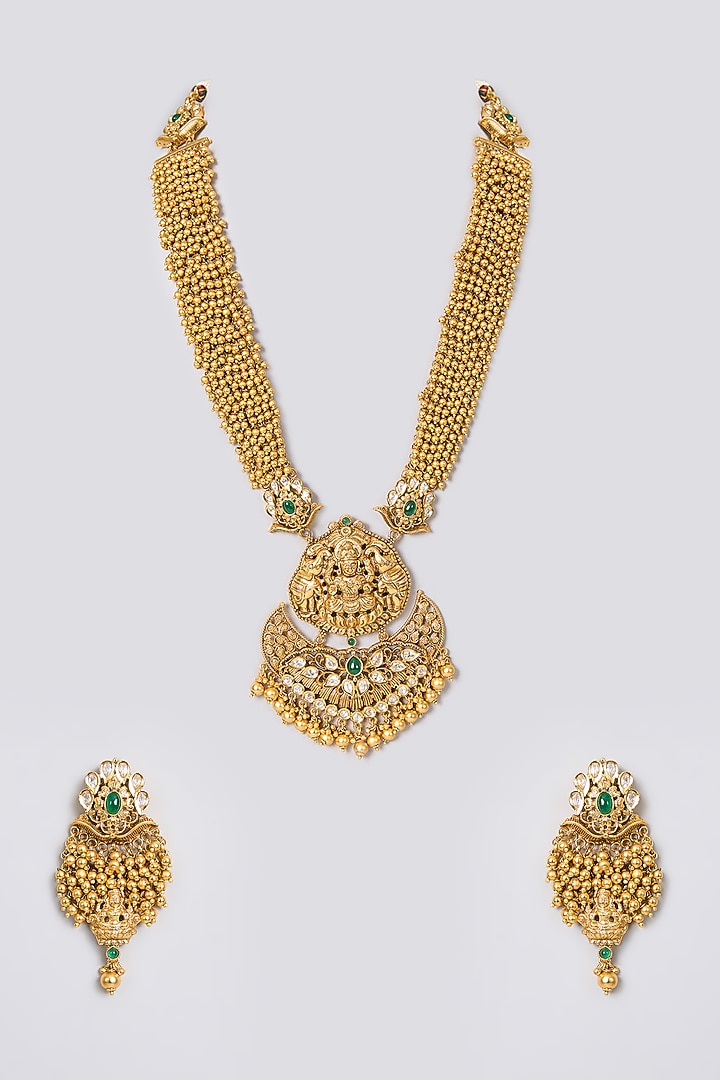 Gold Finish Kundan Polki & Gold Beaded Temple Pendant Necklace Set by 20AM at Pernia's Pop Up Shop