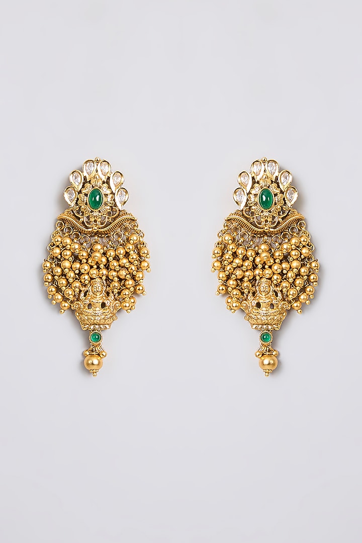 Gold Finish Kundan Polki & Gold Beaded Temple Pendant Necklace Set by 20AM at Pernia's Pop Up Shop