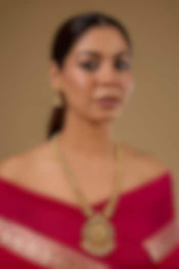 Gold Finish Kundan Polki & Gold Beaded Temple Pendant Necklace Set by 20AM at Pernia's Pop Up Shop