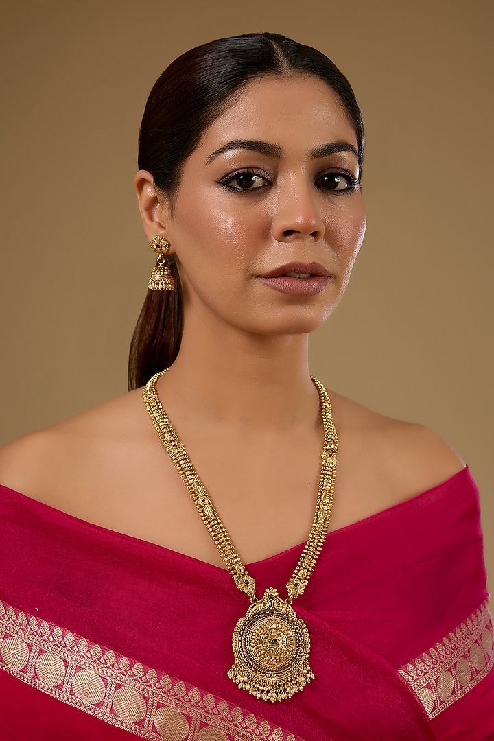 Gold Finish Kundan Polki & Gold Beaded Temple Pendant Necklace Set by 20AM at Pernia's Pop Up Shop