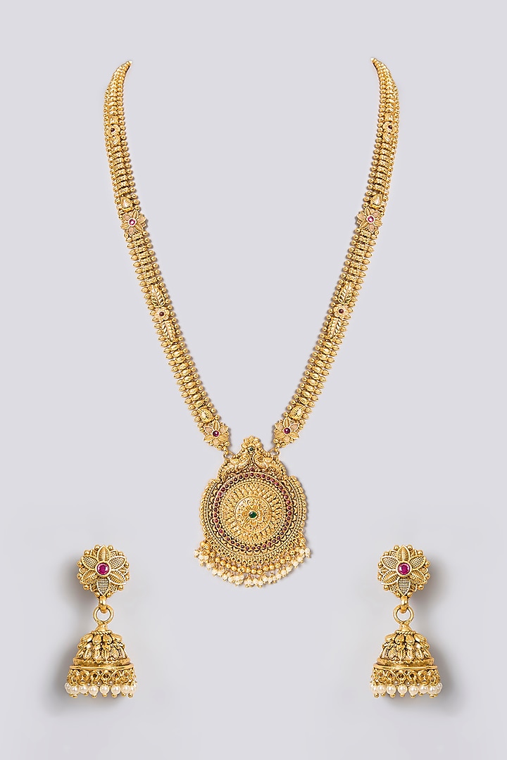 Gold Finish Kundan Polki & Gold Beaded Temple Pendant Necklace Set by 20AM at Pernia's Pop Up Shop