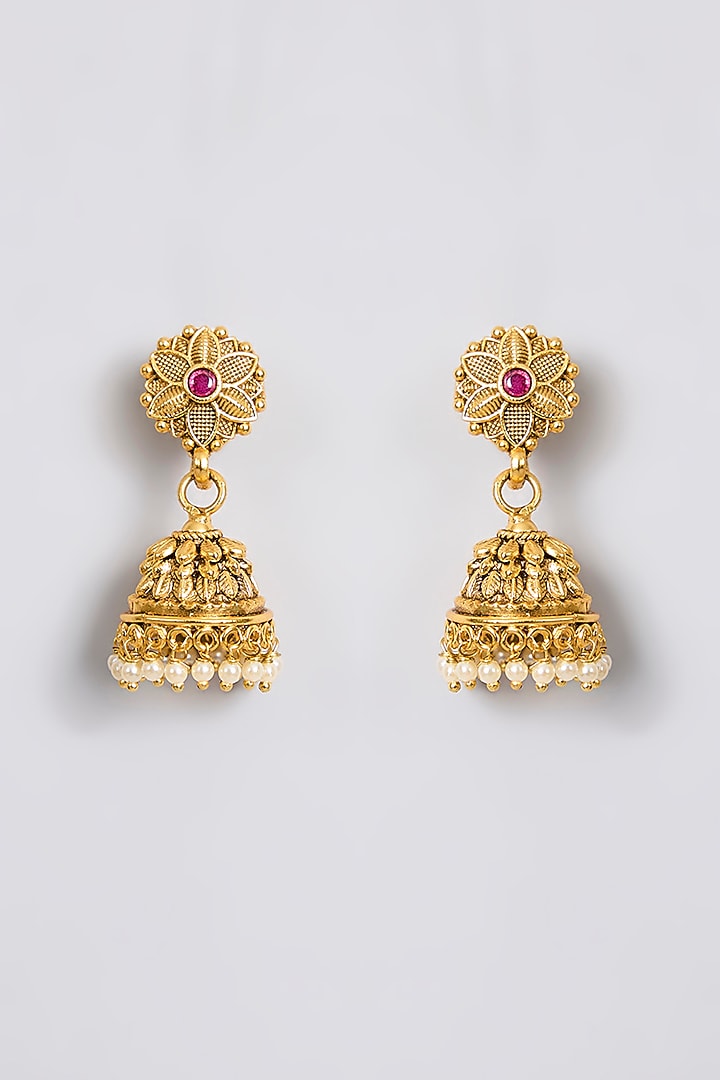 Gold Finish Kundan Polki & Gold Beaded Temple Pendant Necklace Set by 20AM at Pernia's Pop Up Shop
