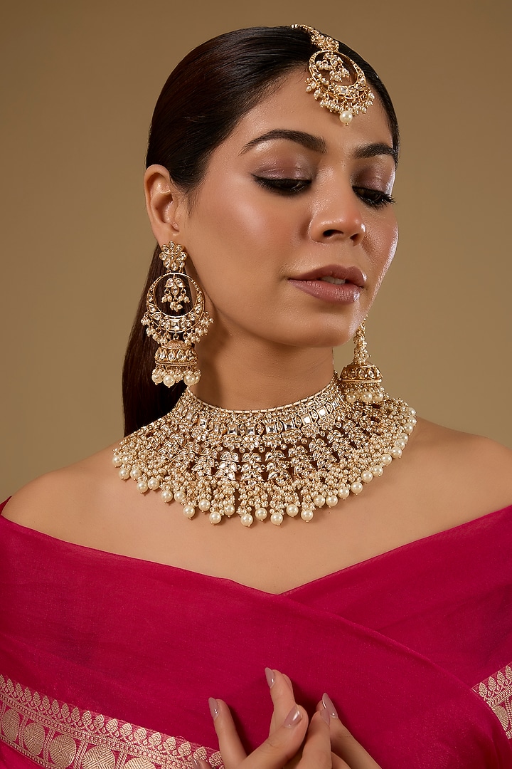 Rose Gold Finish Kundan Polki & Pearl Necklace Set by 20AM at Pernia's Pop Up Shop