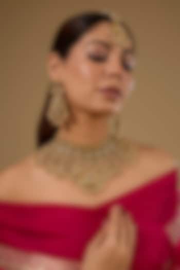 Gold Finish Kundan Polki Temple Necklace Set by 20AM at Pernia's Pop Up Shop