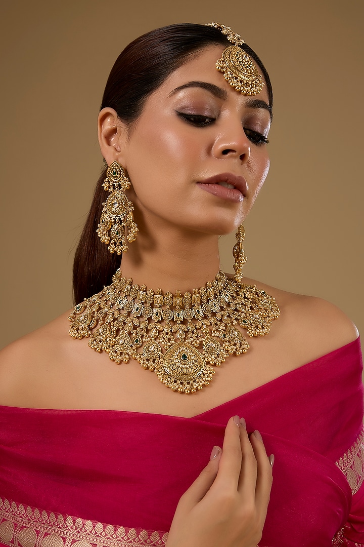 Gold Finish Kundan Polki Temple Necklace Set by 20AM at Pernia's Pop Up Shop
