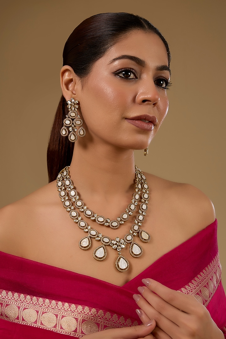 Black Rhodium Finish Mother Of Pearl & Kundan Polki Layered Necklace Set by 20AM at Pernia's Pop Up Shop