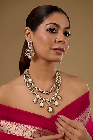 Black Rhodium Finish Mother Of Pearl & Kundan Polki Layered Necklace Set by 20AM