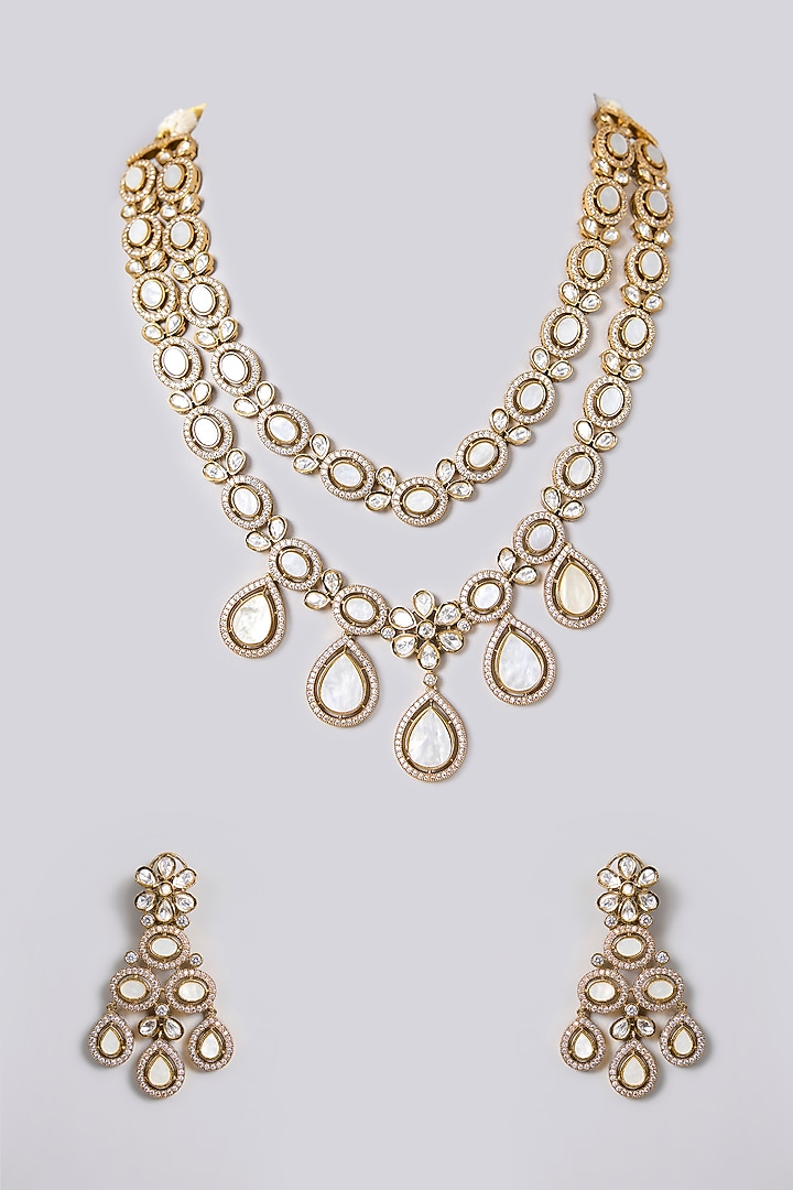 Black Rhodium Finish Mother Of Pearl & Kundan Polki Layered Necklace Set by 20AM at Pernia's Pop Up Shop