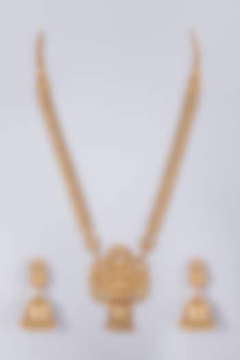 Gold Finish Lakshmi Carved Long Necklace Set by 20AM