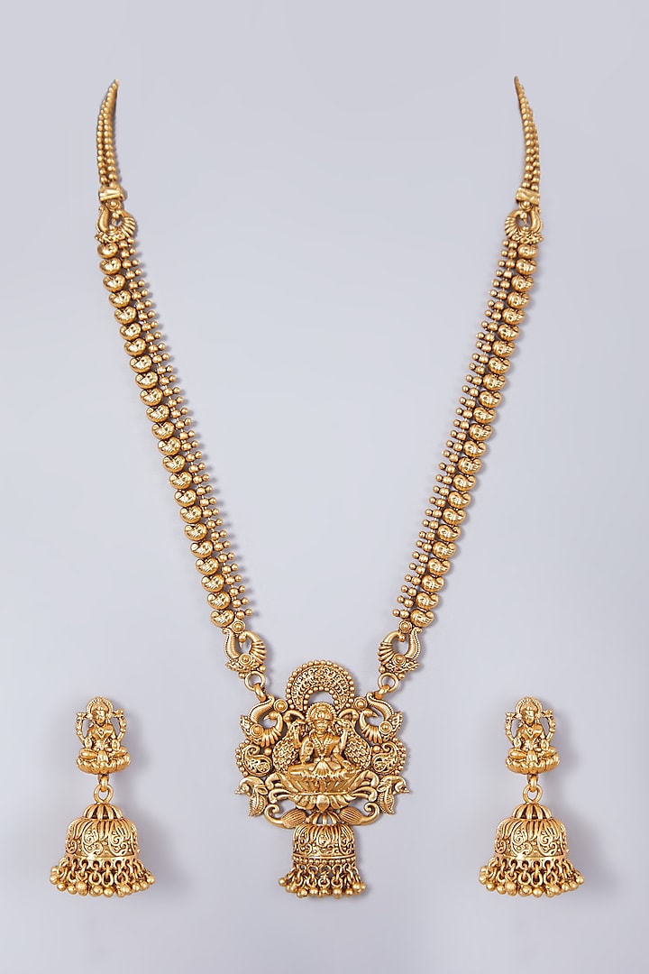 Gold Finish Lakshmi Carved Long Necklace Set by 20AM