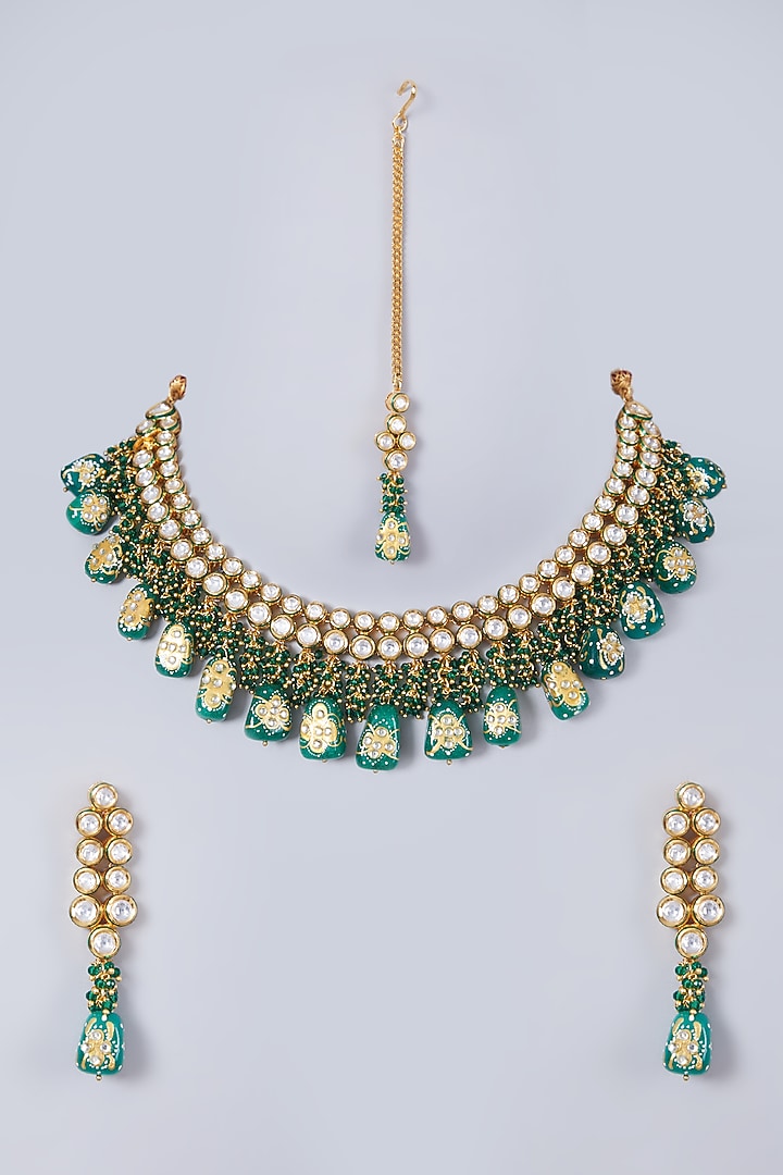 Gold Finish Green Beaded Necklace Set by 20AM at Pernia's Pop Up Shop