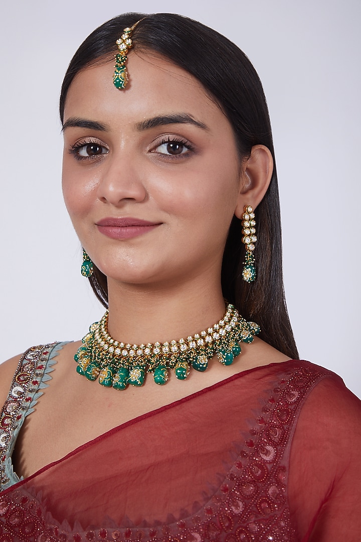 Gold Finish Green Beaded Necklace Set by 20AM at Pernia's Pop Up Shop