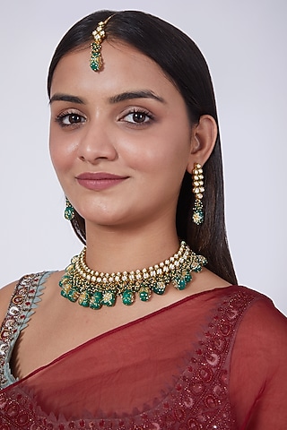 Gold Finish Green Beaded Necklace Set by 20AM