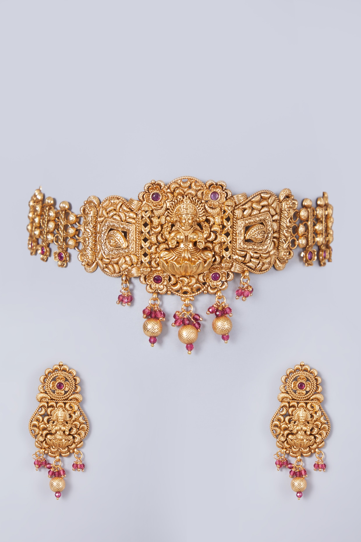 Gold Finish Lakshmi Carved Choker 