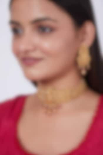 Gold Finish Lakshmi Carved Choker Necklace Set by 20AM