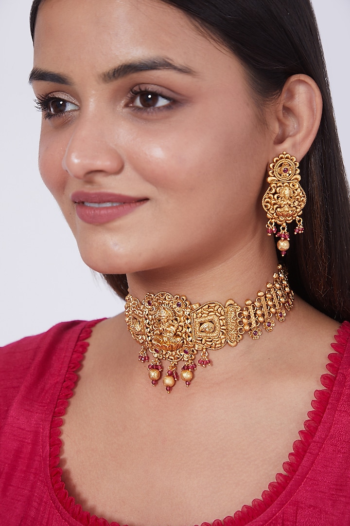 Gold Finish Lakshmi Carved Choker Necklace Set by 20AM