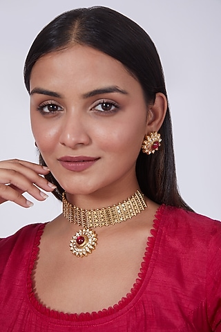 Gold Finish Kundan Polki Choker Necklace Set by 20AM