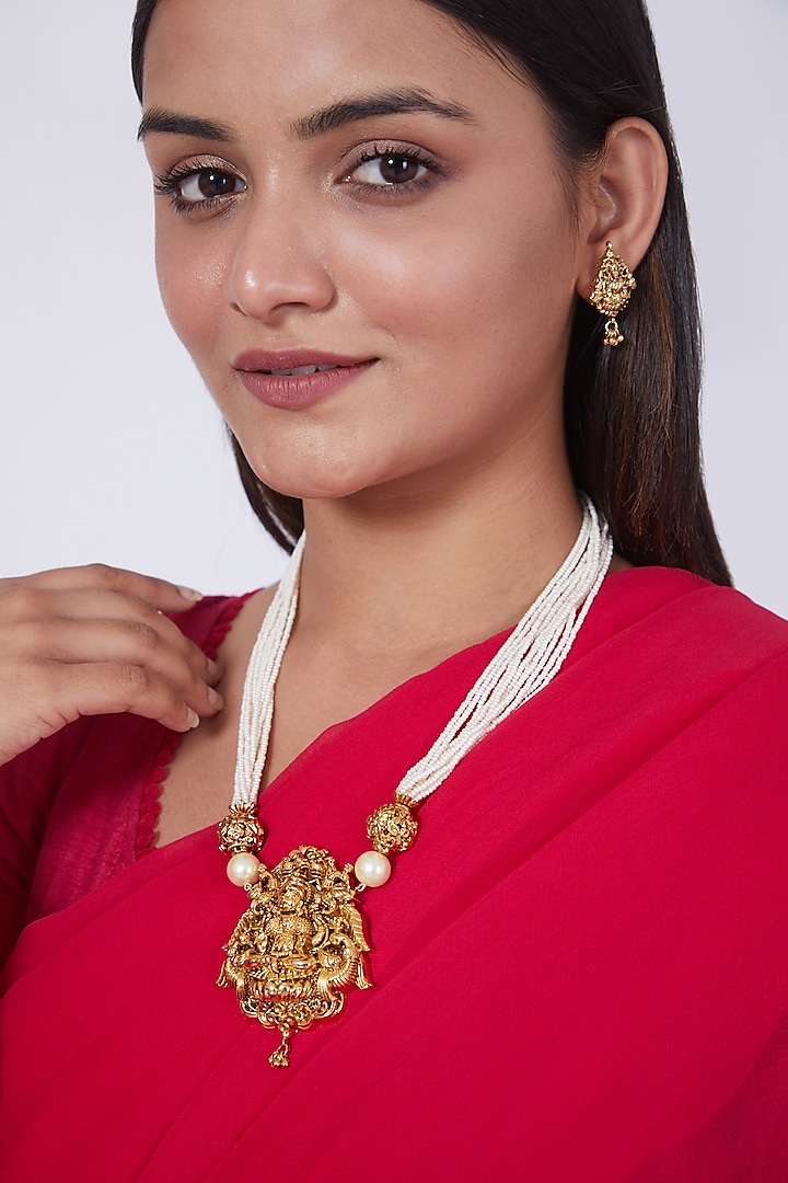 Gold Finish Lakshmi Pendant Necklace Set by 20AM