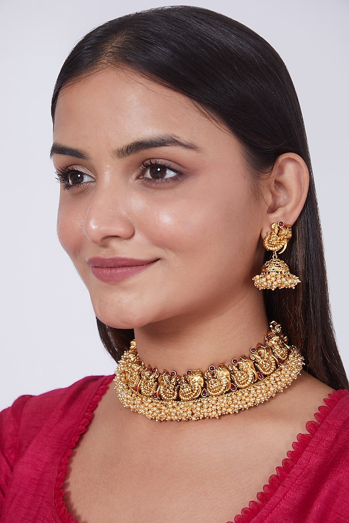 Gold Finish Ganesh & Lakshmi Carved Necklace Set by 20AM