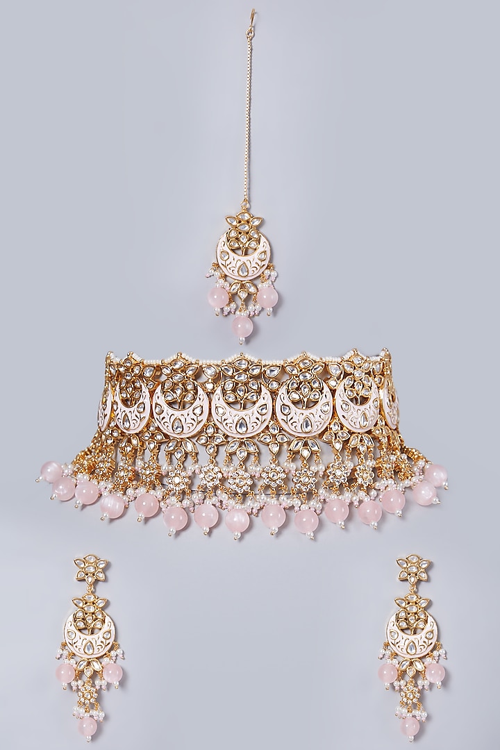 Gold Finish Pink Stone Necklace Set by 20AM