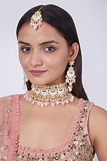 Gold Finish Pink Stone Necklace Set by 20AM-JEWELLERY AS GIFTS