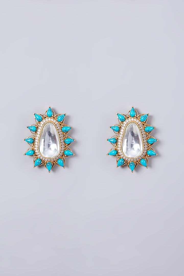 Gold Finish Turquoise Stone Stud Earrings by 20AM at Pernia's Pop Up Shop