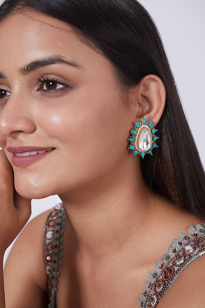 Gold Finish Turquoise Stone Stud Earrings by 20AM