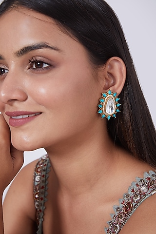 Gold Finish Turquoise Stone Stud Earrings by 20AM