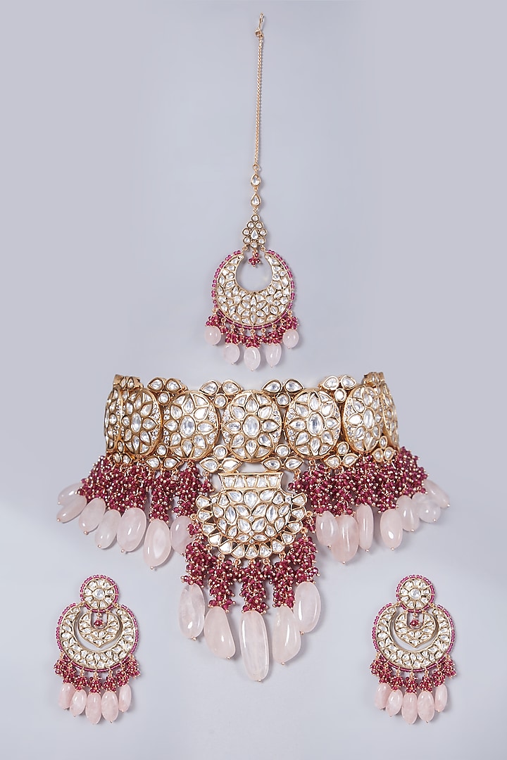 Gold Finish Magenta Beaded Bridal Necklace Set by 20AM