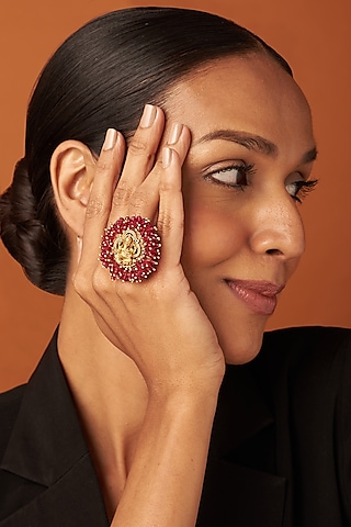 Gold Finish Ruby Ganesha Ring by 20AM