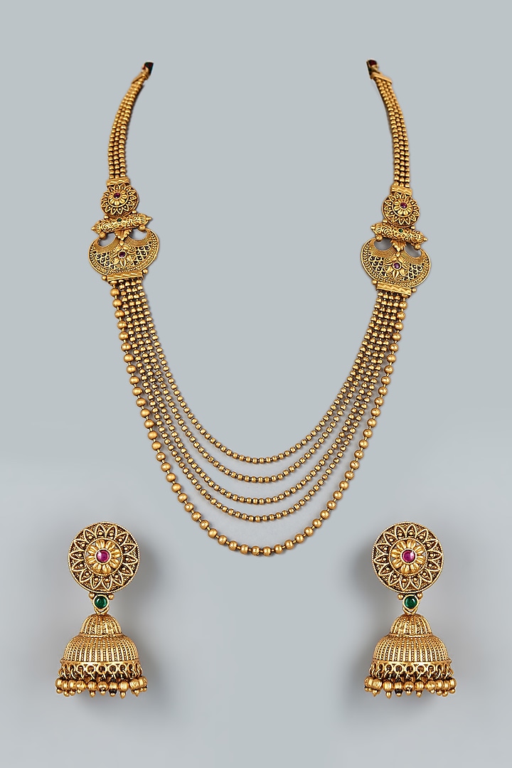 Gold Finish Temple Long Necklace Set by 20AM at Pernia's Pop Up Shop