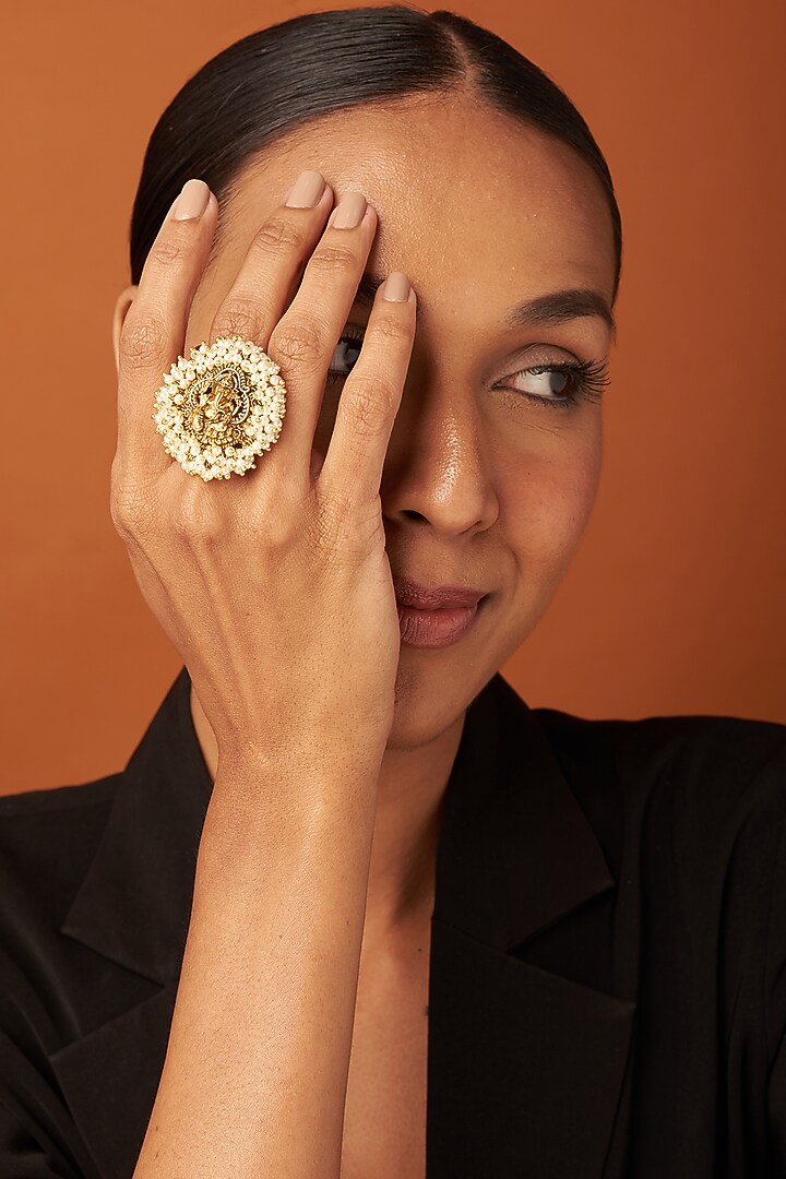 Gold Finish Shell Pearls Ring by 20AM at Pernia's Pop Up Shop