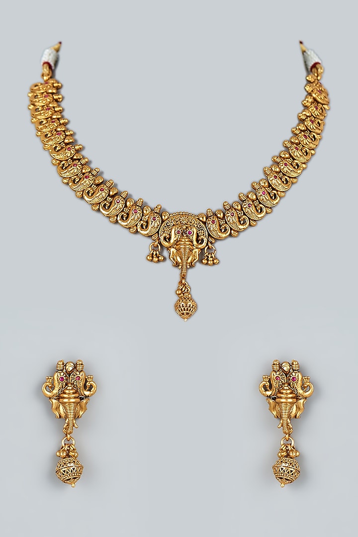Gold Finish Beaded Ganesha Necklace Set by 20AM at Pernia's Pop Up Shop