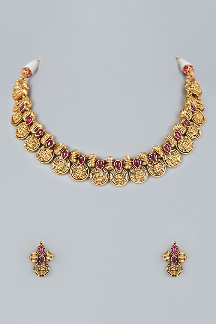 Gold Finish Synthetic Stone Necklace Set by 20AM at Pernia's Pop Up Shop