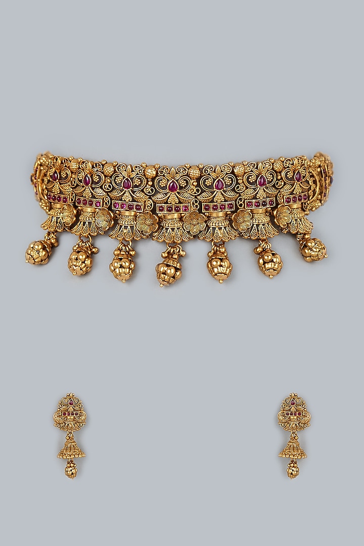 Gold Finish Temple Necklace Set In Brass by 20AM at Pernia's Pop Up Shop