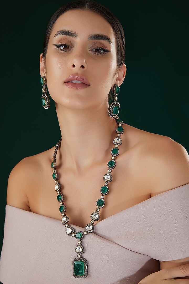 White Finish Kundan Polki & Emerald Stone Long Necklace Set by 20AM at Pernia's Pop Up Shop