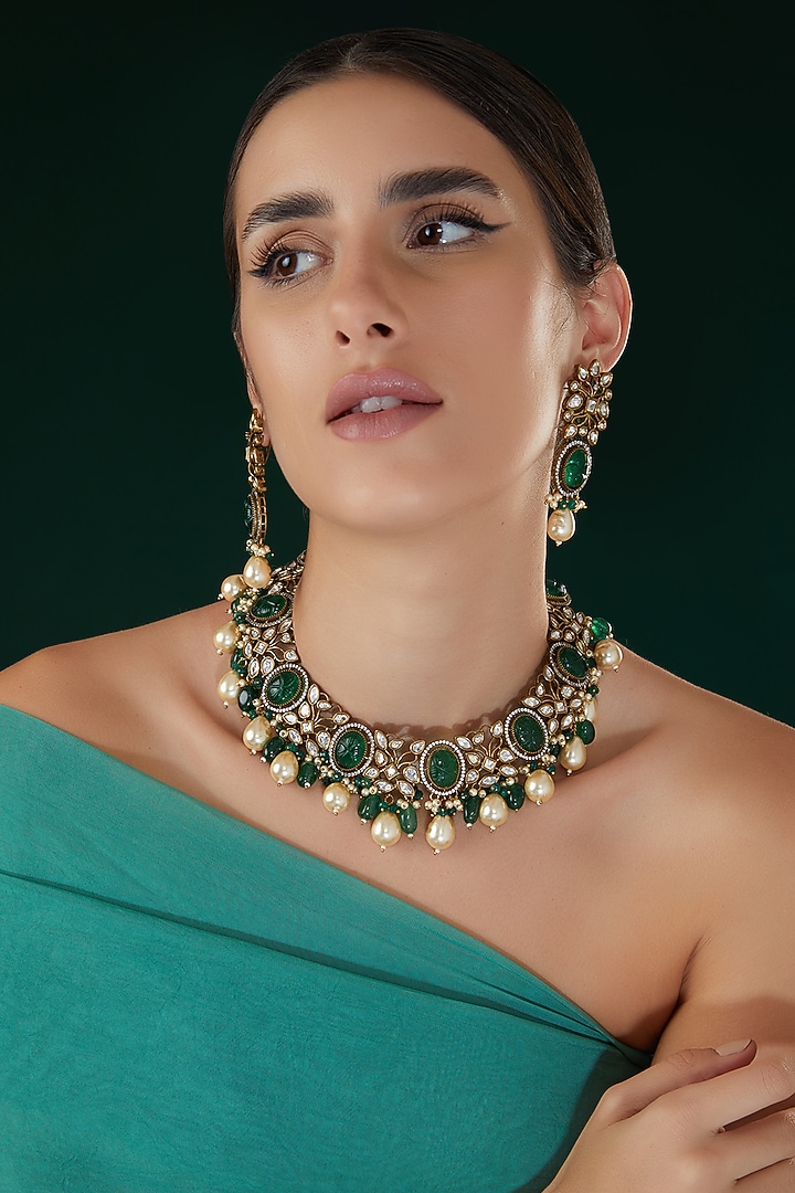 Rose Gold Finish Kundan Polki & Green Stone Necklace Set by 20AM at Pernia's Pop Up Shop
